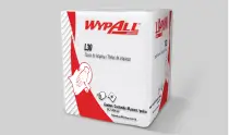 Caixa branca e vermelha da linha profissional WypAll com ilustração de uma mão segurando um pano.