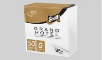 Embalagem de guardanapos Scott Grand Hotel com 50 unidades, visualizada sobre fundo cinza.