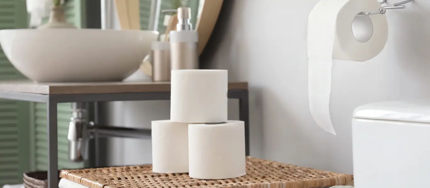 Banheiro com três rolos de papel higiênico empilhados sobre uma superfície de vime e um rolo pendurado ao lado de um vaso sanitário branco.