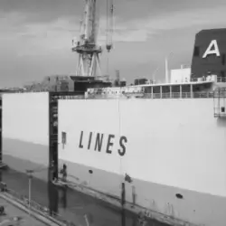 Parte de um navio cargueiro branco com a palavra 'LINES' escrita na lateral, com um guindaste ao fundo.