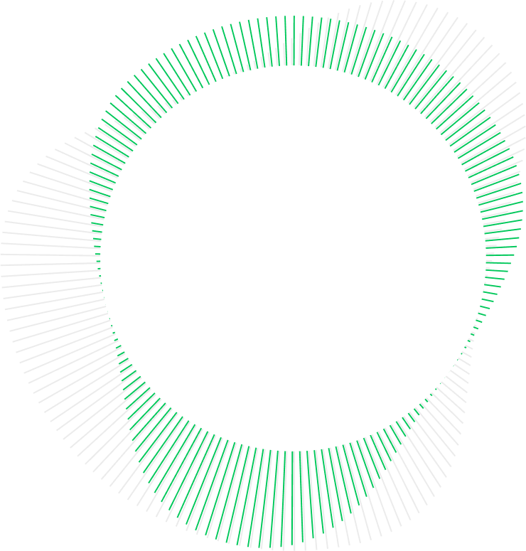 Gráfico circular verde e branco representando dados em formato de barras ao redor de um grande círculo preto central.