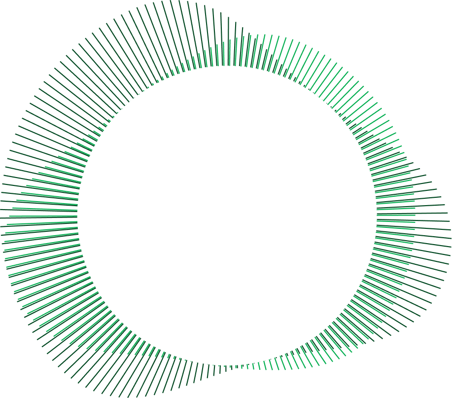 Gráfico circular verde com barras radiais variando em comprimento sobre fundo preto.