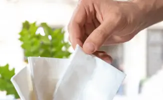 Mão segurando lenço de papel branco em ambiente claro com planta ao fundo.