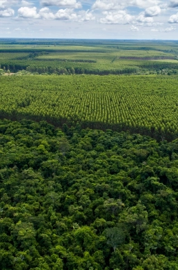 Vista aérea mostrando uma extensa floresta tropical com áreas de plantação organizada ao fundo sob um céu parcialmente nublado.