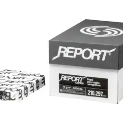 Caixa de papel para impressão da marca Report, estilo industrial, com detalhes de coleção e gramatura.