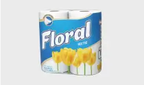 Pacote com três rolos de papel higiênico Floral com estampa de tulipas amarelas.
