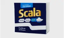 Embalagem do sabão em pó Scala para uso diário, com fundo azul e branco e elementos dourados.