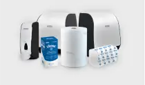Produtos de higiene Kleenex, incluindo papel toalha em rolo, papel toalha dobrado, dispenser para toalhas e guardanapos em embalagem azul.