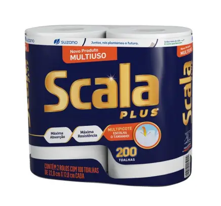 Pacote de papel toalha Scala Plus com 2 rolos, indicação de máxima absorção e resistência, e texto em português.
