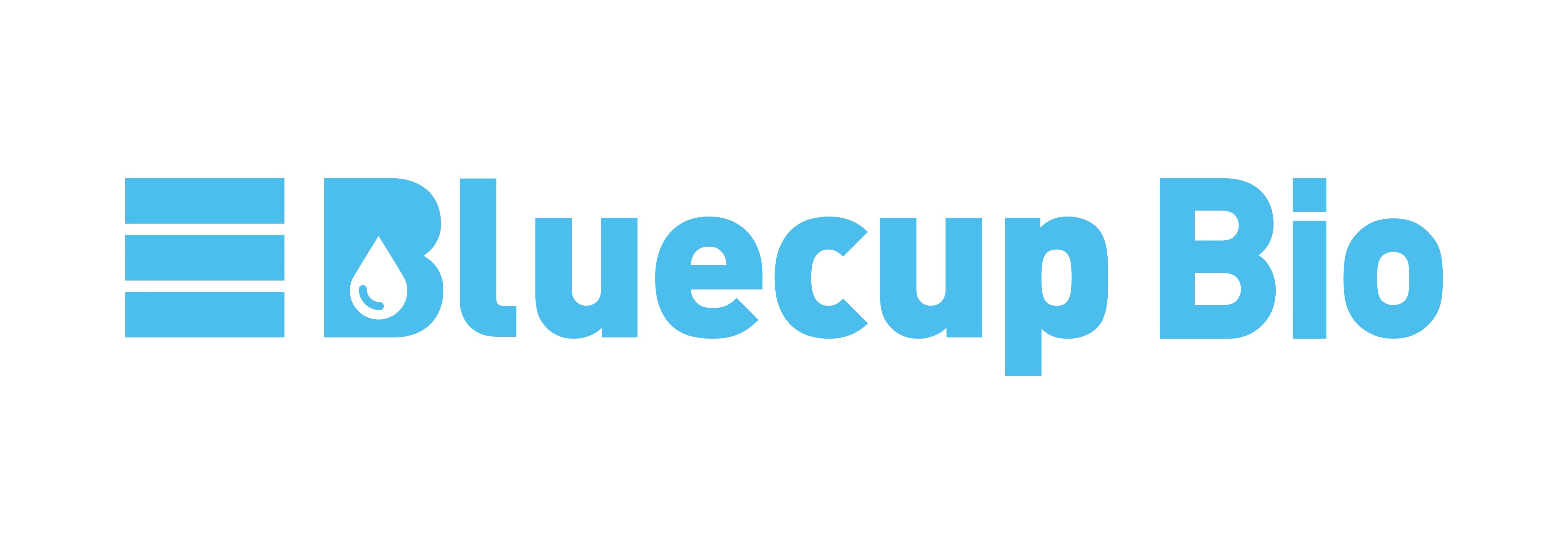 Logotipo azul da marca Bluecup Bio com ícone de gota d'água.