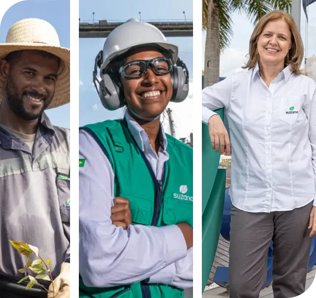 Três funcionários da Suzano sorrindo; o primeiro usa chapéu de palha segurando plantas, o segundo veste colete verde, capacete e protetor auricular, e a terceira mulher veste camisa branca da Suzano encostada em estrutura.