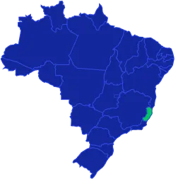 Mapa do Brasil com o estado do Espírito Santo destacado em verde na costa sudeste.