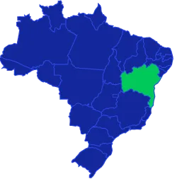 Mapa do Brasil com o estado da Bahia destacado em verde e os demais estados em azul.