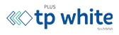 Logotipo da marca Plus tp white com texto azul e ícones de setas azuis.