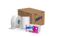 Caixa de papel higiênico Max com rolos brancos e embalagem rosa e branca ao lado.