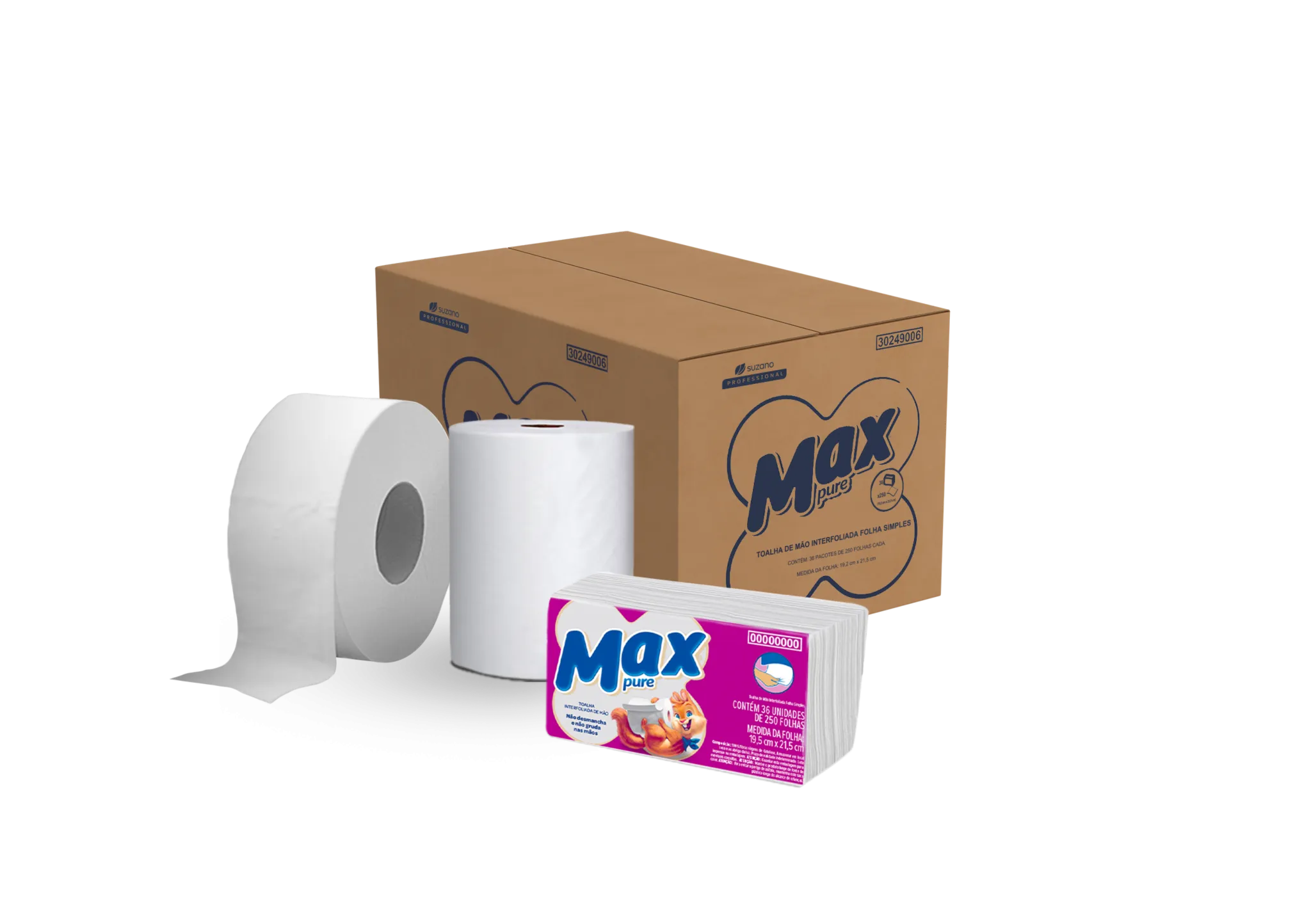 Caixa marrom de papel toalha Max Pure, com um rolo grande, um rolo médio e um pacote de folhas interfolhadas Max Pure.