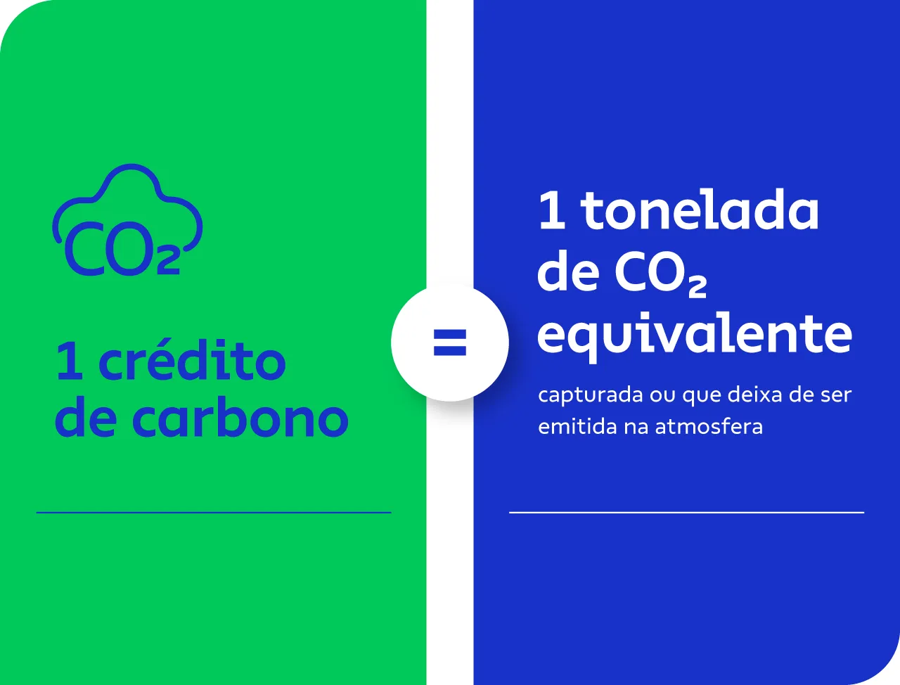 Ilustração explicando que 1 crédito de carbono equivale a 1 tonelada de CO2 capturada ou que deixa de ser emitida na atmosfera.