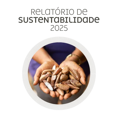 Mãos segurando sementes com texto acima dizendo Relatório de Sustentabilidade 2025.