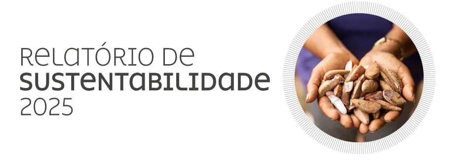 Duas mãos segurando sementes de árvore, ao lado do texto Relatório de Sustentabilidade 2025.