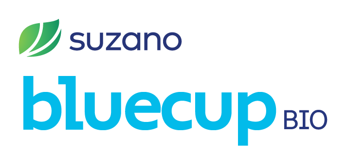 Logo Suzano bluecup BIO com ícone de folha verde.