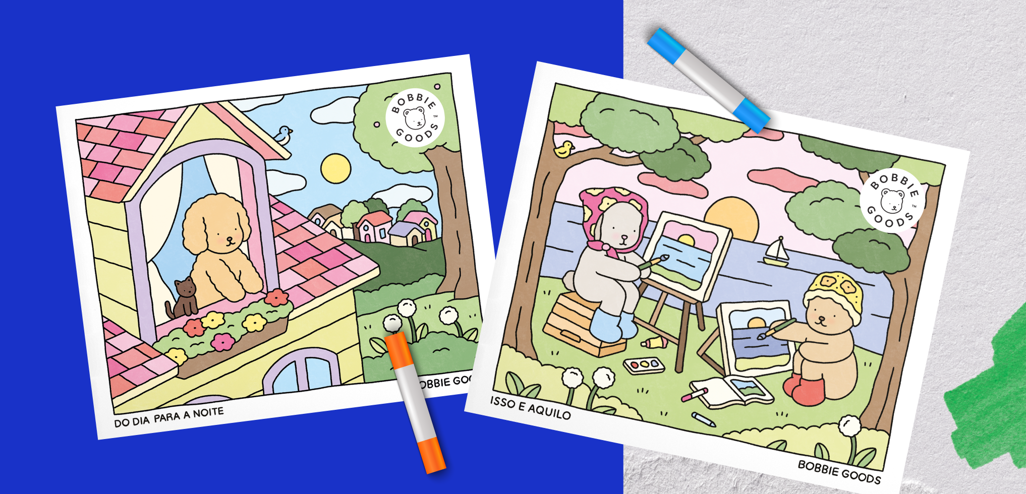 Páginas de livro de colorir Bobbie Goods com ilustrações fofas de animais — cachorro na janela com flores e ursos pintando ao ar livre — cedidas pela Editora HarperCollins.