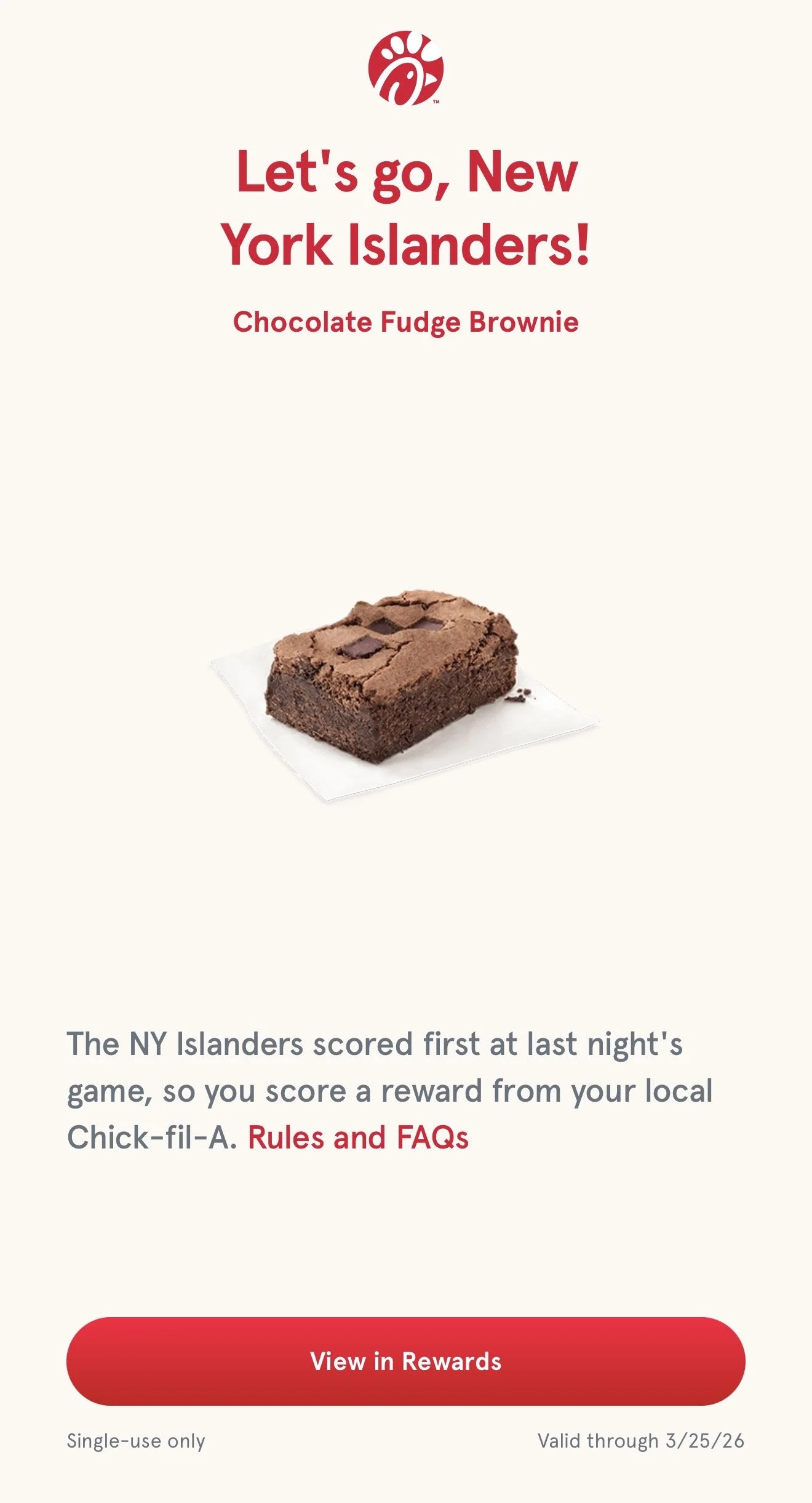 Chick-Fil-A Islanders Win Free Brownie