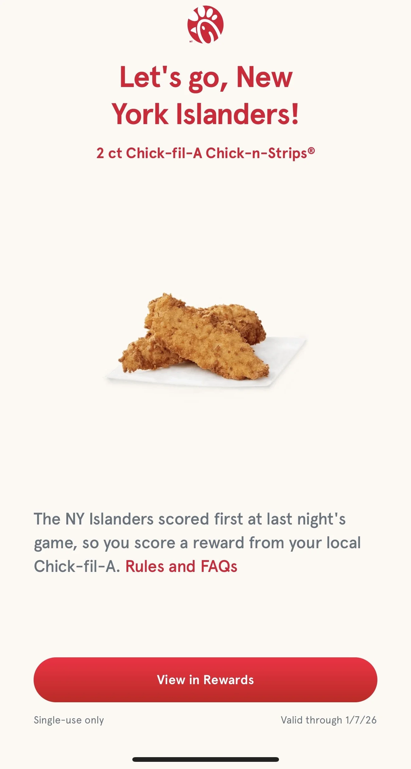 Chick-Fil-A Islanders Win Free Chicken Strips