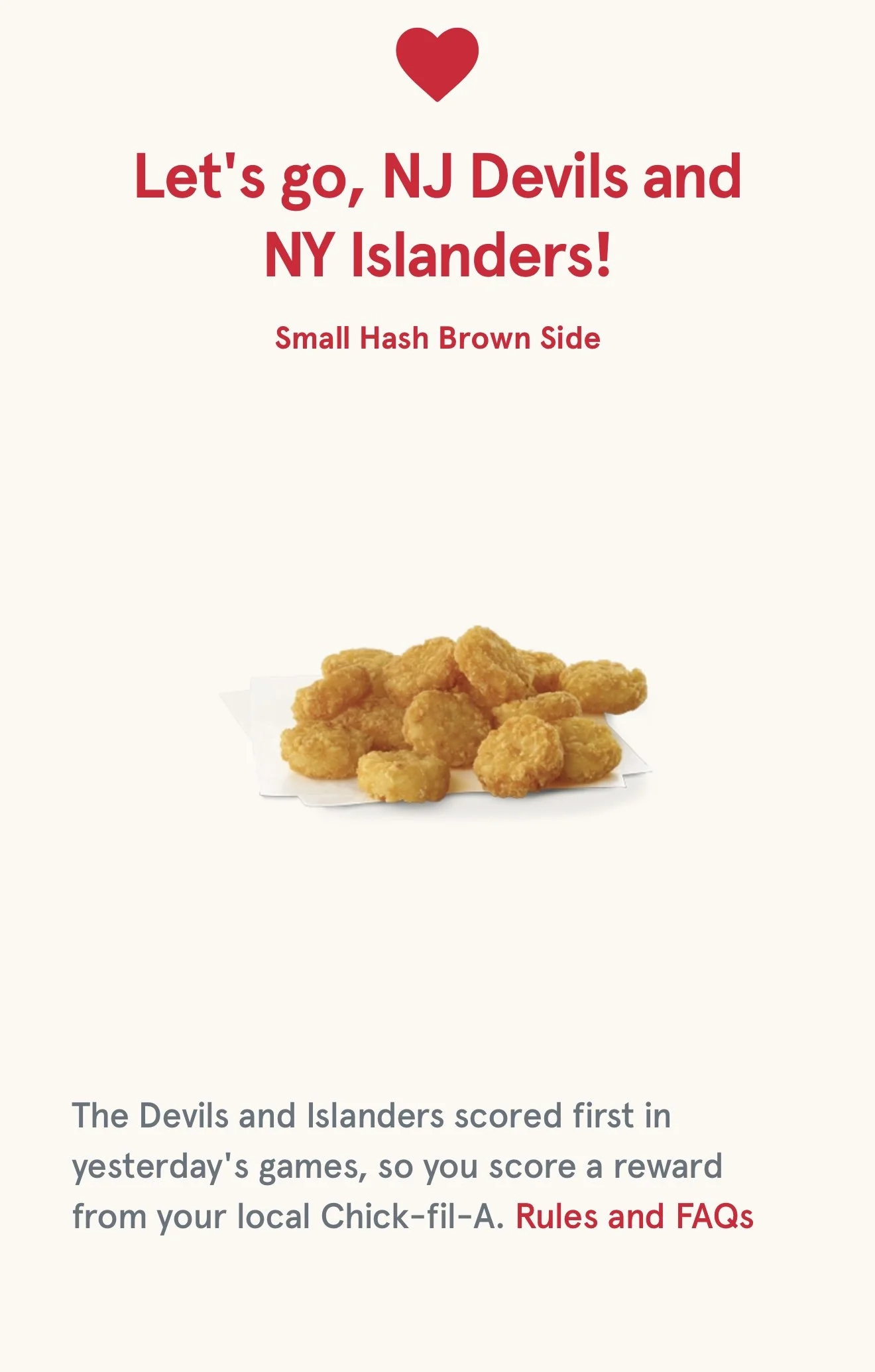 Chick-Fil-A Islanders and Devils Win Free Hash Browns