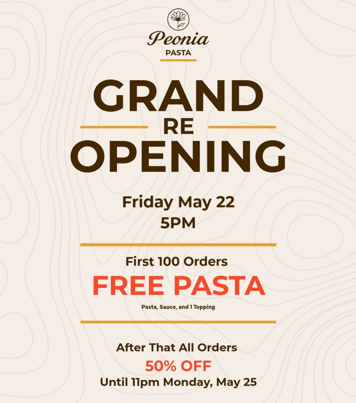 Peonia Pasta Grand Reopening