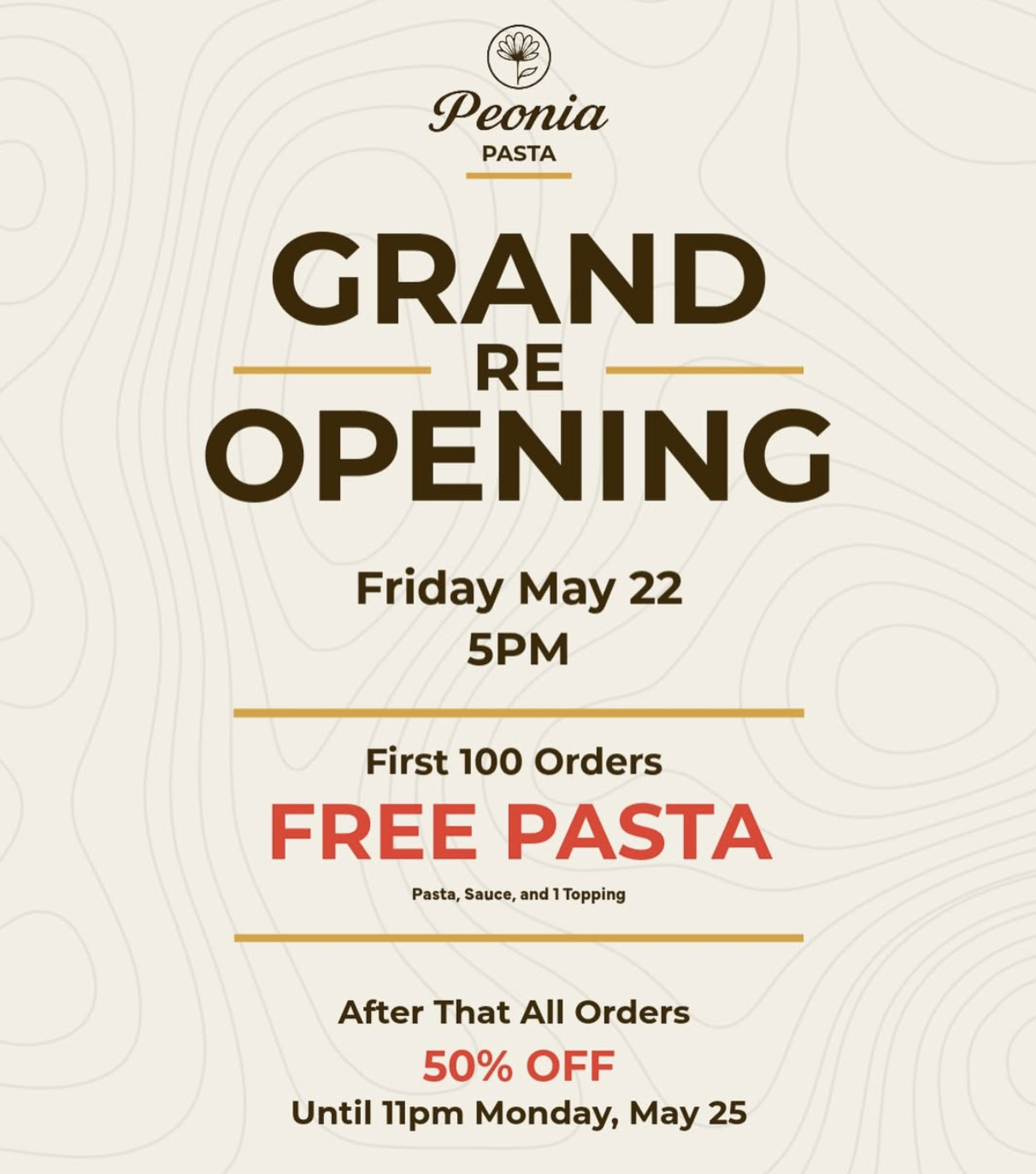 Peonia Pasta Grand Reopening