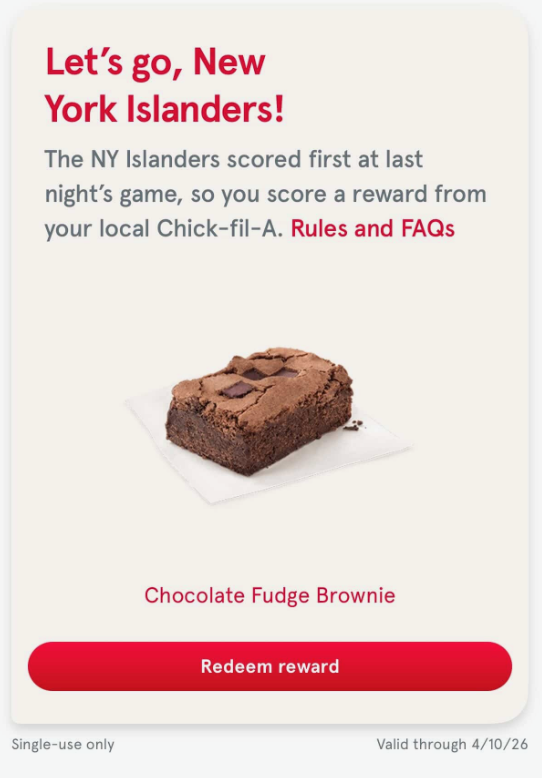Chick-Fil-A Islanders Win Free BROWNIE
