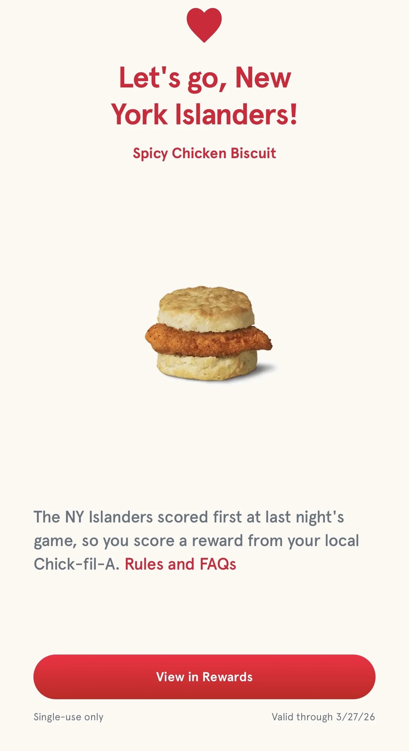 Chick-Fil-A Islanders Win Free Spicy Chicken Biscuit