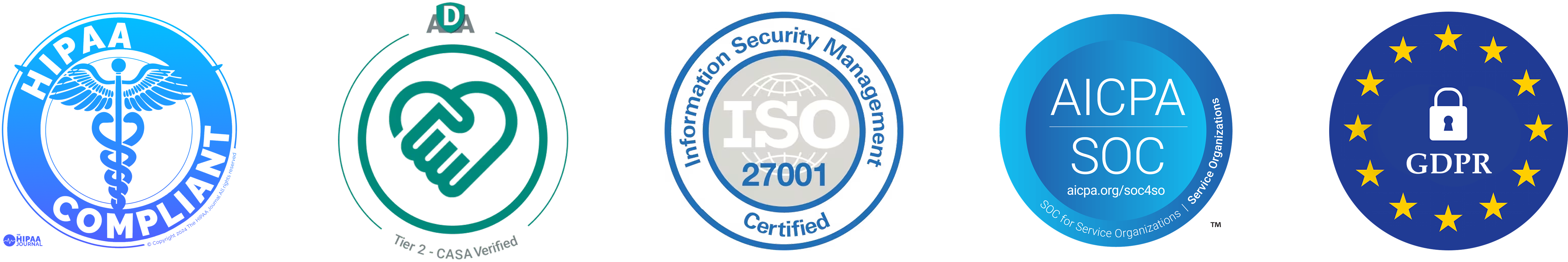Five security compliance badges: HIPAA Compliant with medical caduceus, ADA Tier 2 CASA Verified with handshake heart, ISO 27001 Information Security Management Certified, AICPA SOC for Service Organizations, and GDPR with a lock surrounded by yellow stars.