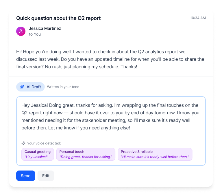 Email thread showing Jessica Martinez asking about the updated timeline for the Q2 report, with an AI-generated draft reply assuring the report will be ready by end of day tomorrow.