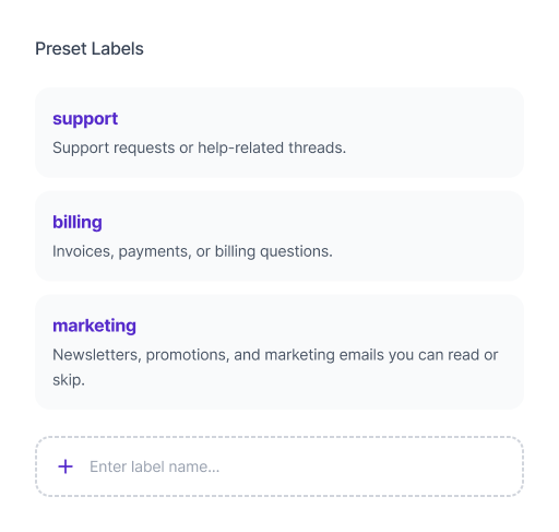 A list of preset labels with descriptions: support for help requests, billing for invoices and payments, marketing for newsletters and promotions, and a field to enter a new label name.