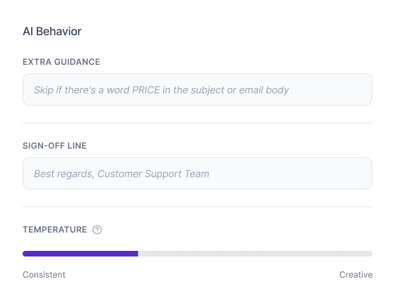 AI Behavior settings interface showing fields for extra guidance and sign-off line with a temperature slider indicating a balance between consistent and creative.