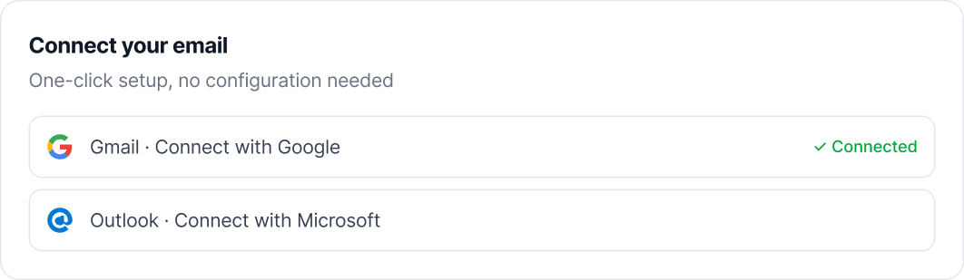 Email connection setup interface showing options to connect Gmail with Google marked as connected and Outlook with Microsoft not connected.