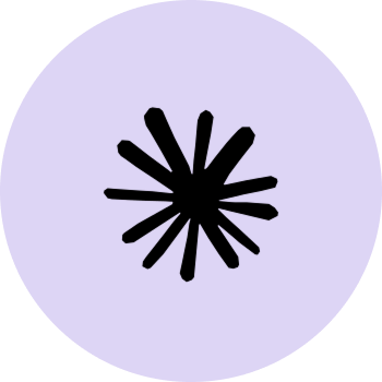 Black abstract starburst shape centered on a purple circular background.