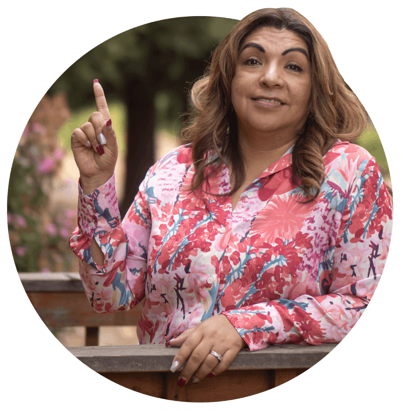 A woman holding up her finger in the form of a 1