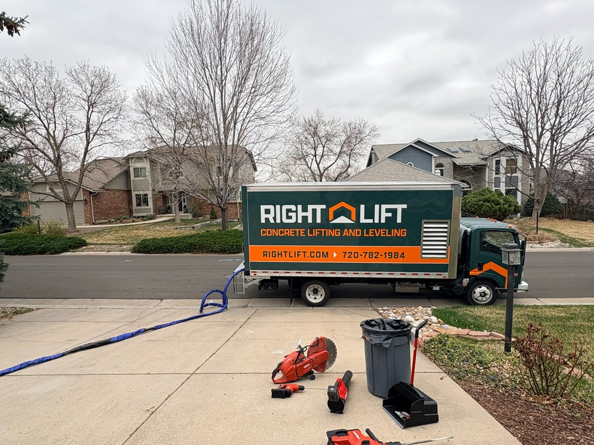 Truck with RightLift Concrete Lifting and Leveling signage parked on street with hose extending to driveway and various tools and trash can on driveway.