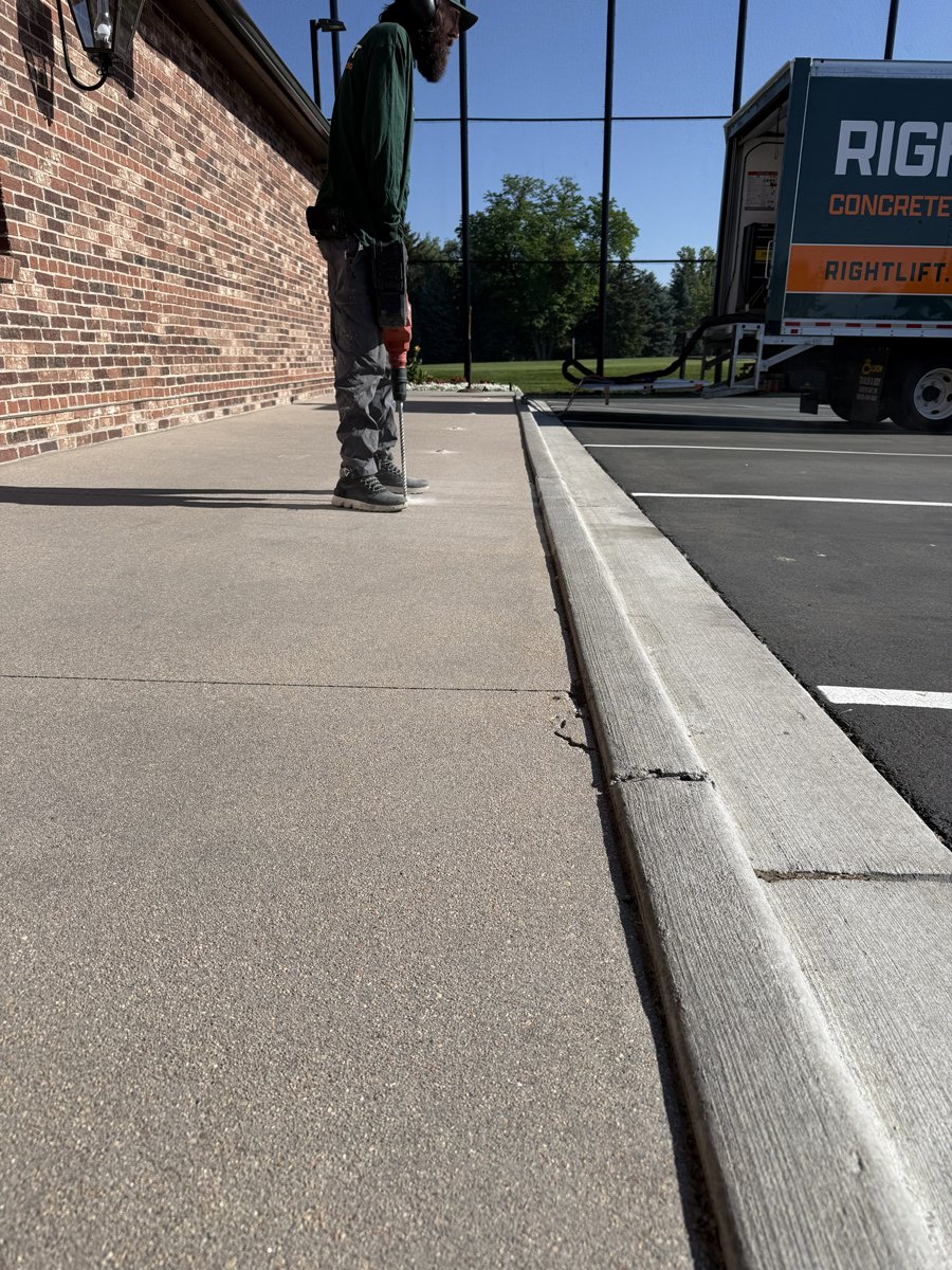 Tradesmen using a hammer drill on concrete near a brick wall and parking lot curb under a clear sky.