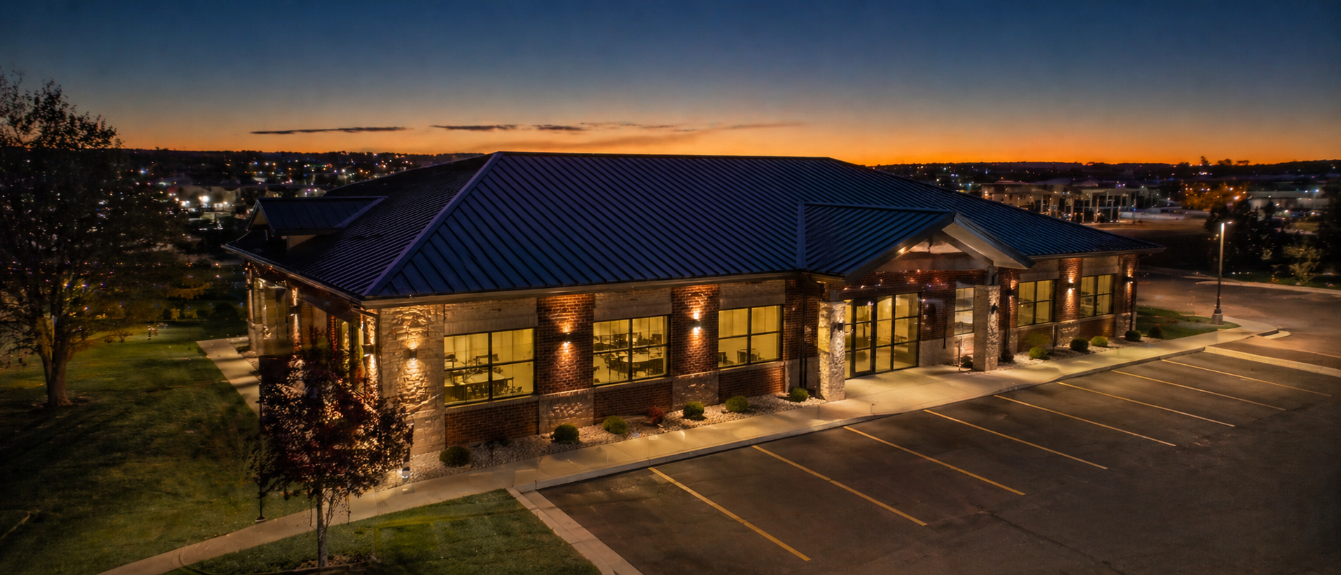 Commercial building exterior at dusk