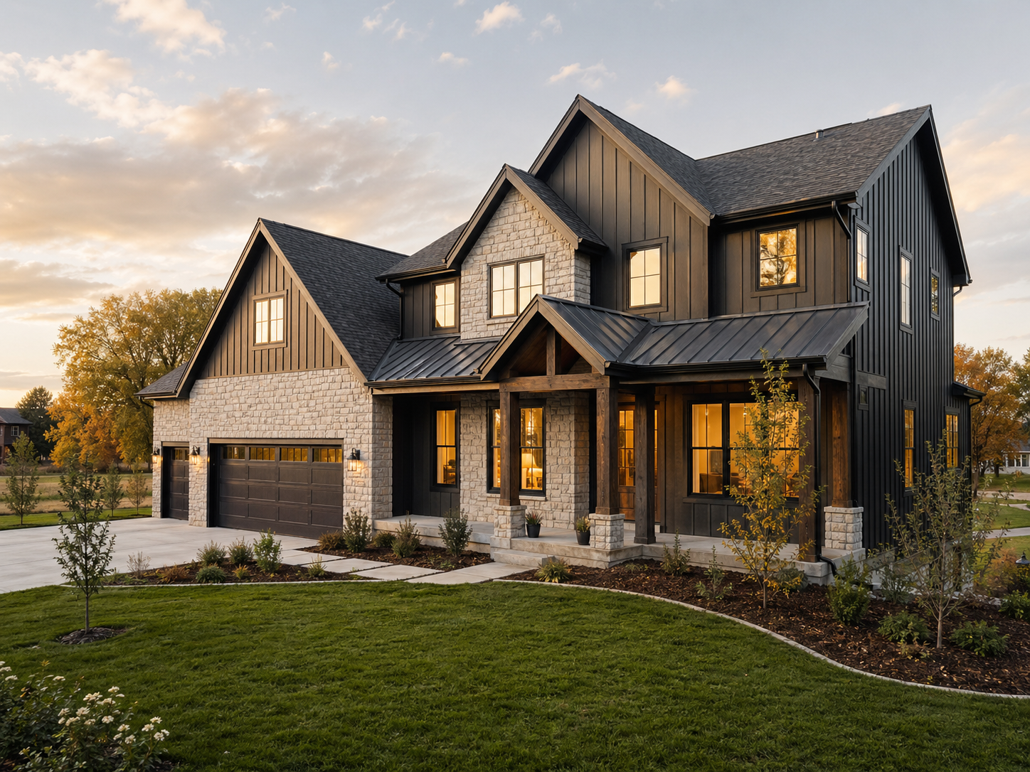 Two-story residential home exterior at dusk