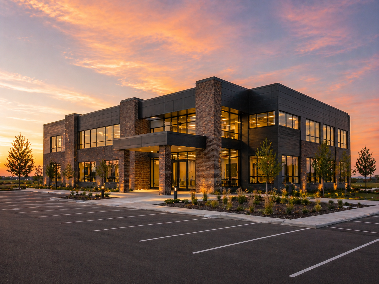 Modern commercial building exterior at dusk