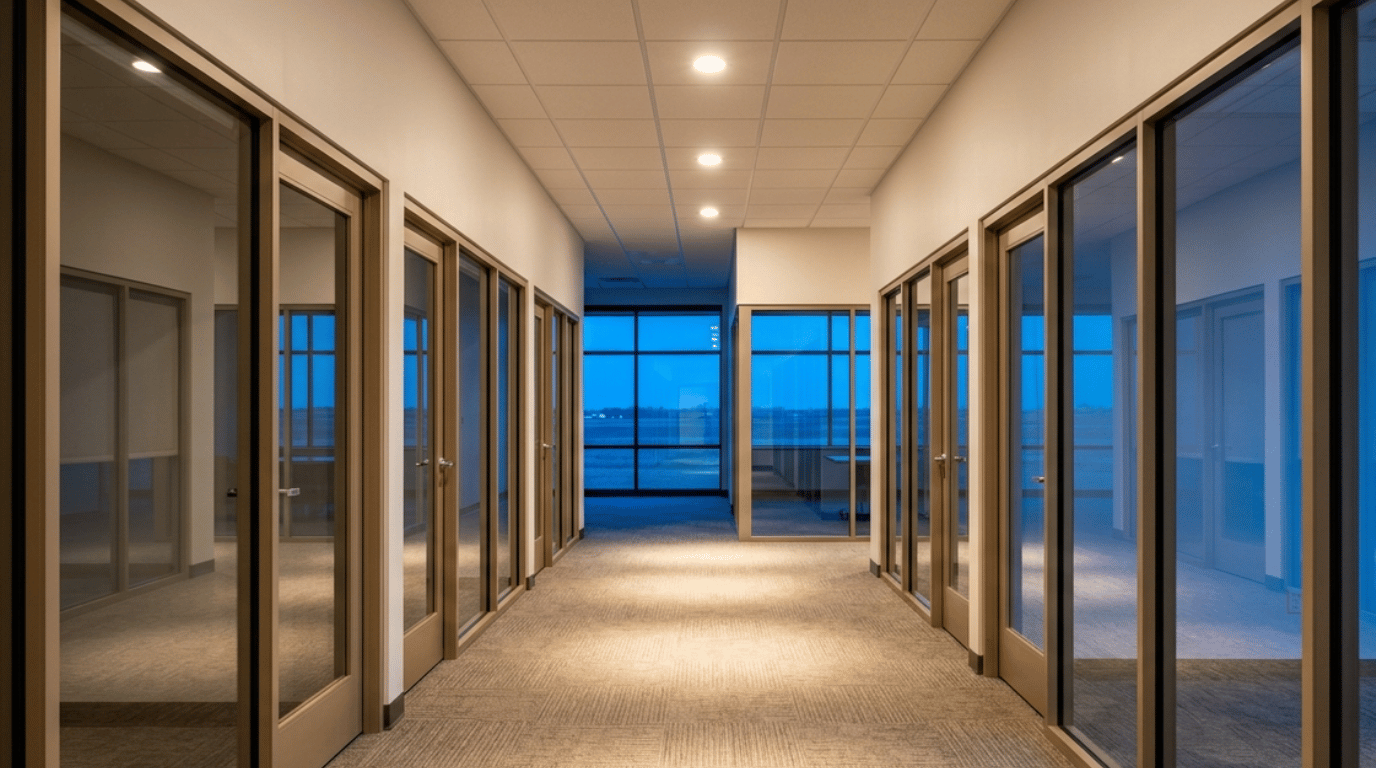 Office interior hallway with glass walls
