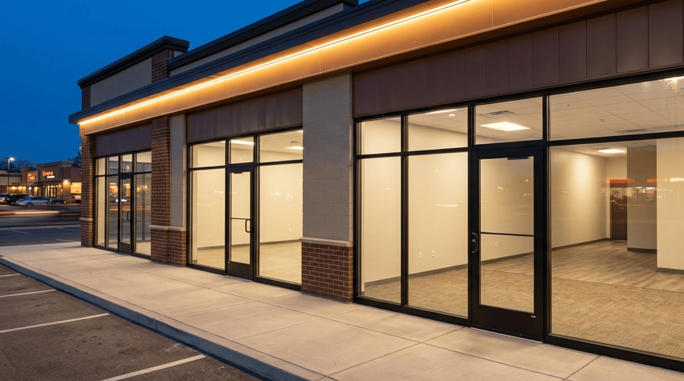 Retail storefront exterior at night