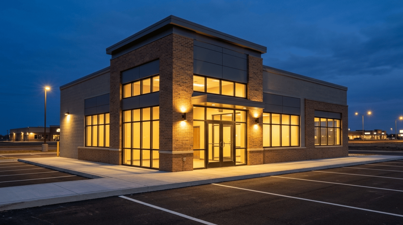 Commercial building exterior at dusk