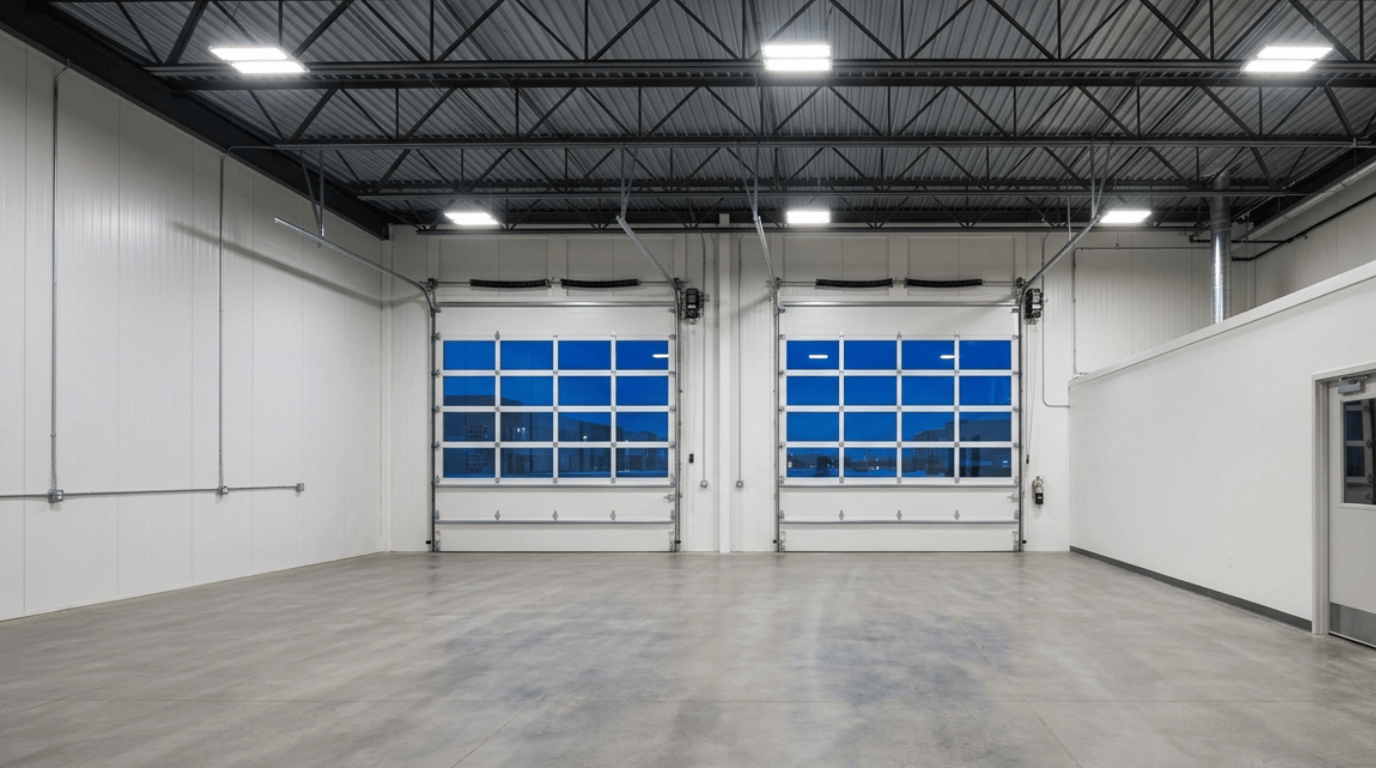 Warehouse interior with bay doors