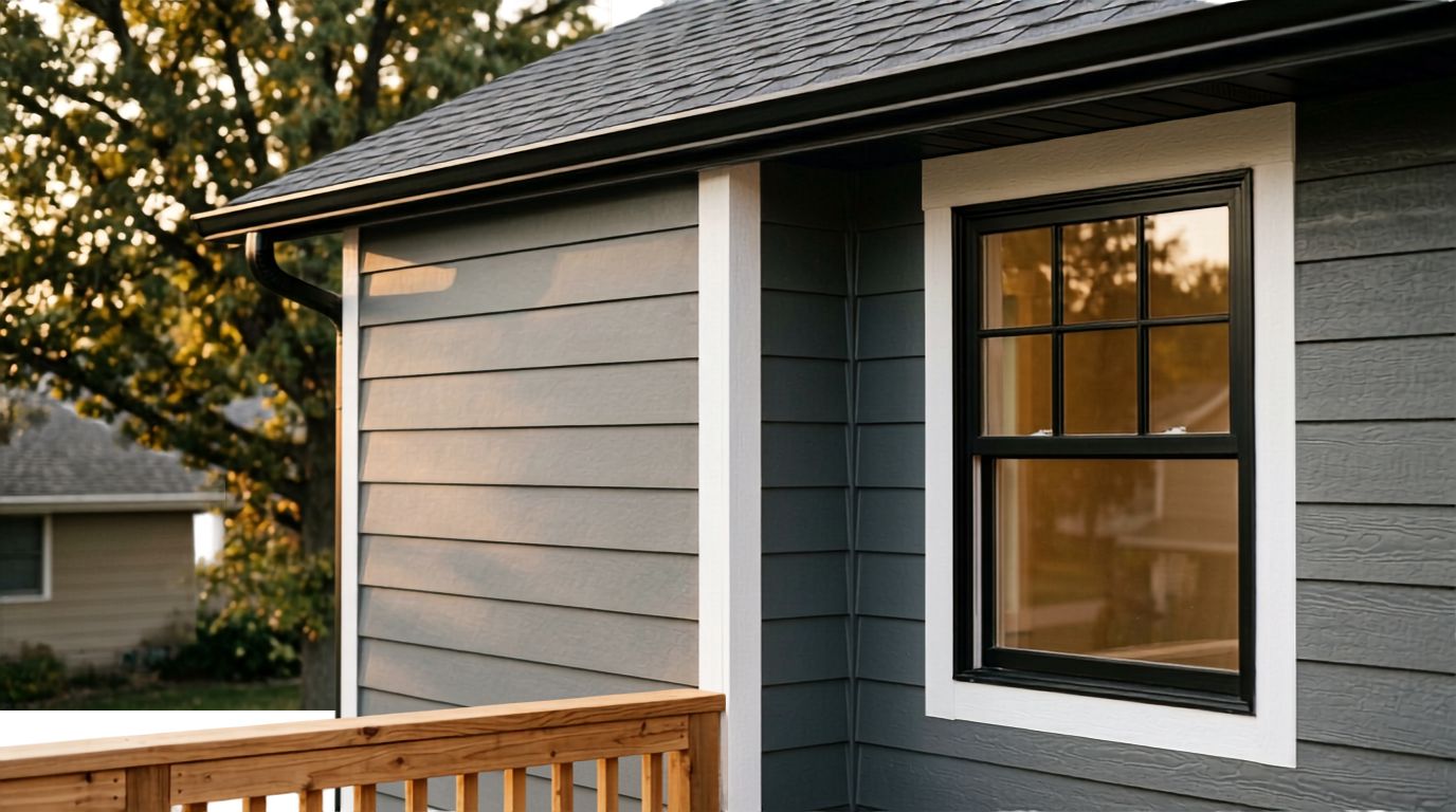 Corner of a gray house with a black-framed window reflecting trees and a wooden porch railing.
