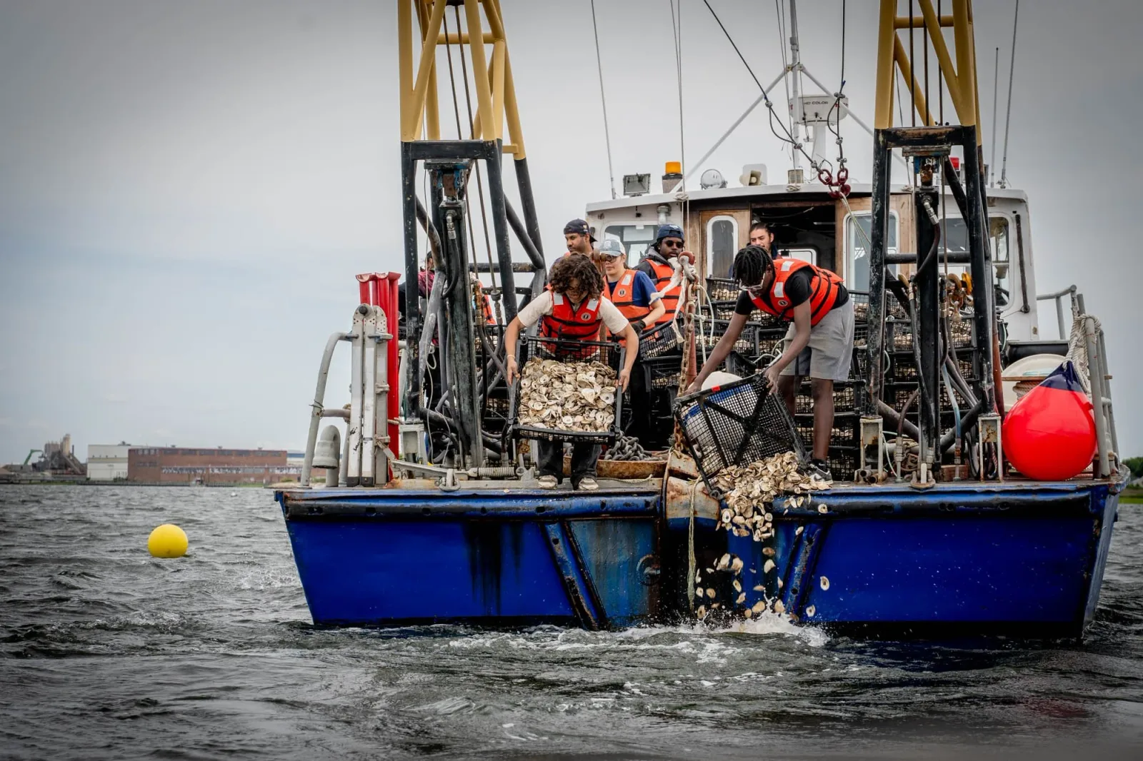 Crew members lift oyster cages from a workboat on New York Harbor